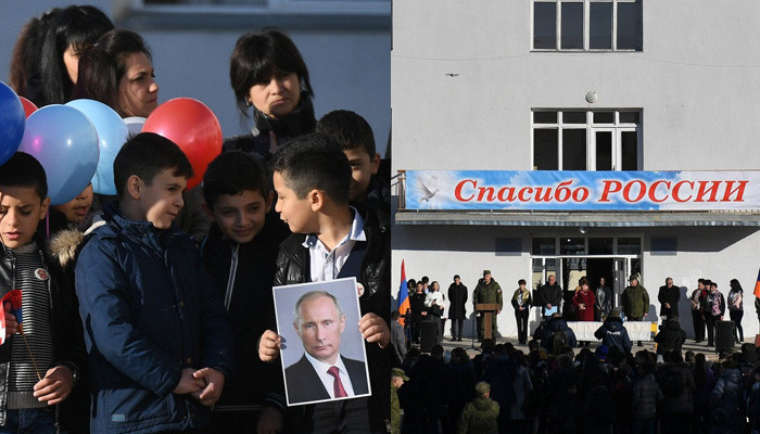 «Спасибо России» ու Պուտինի նկարով պաստառներ` Ստեփանակերտի դպրոցի բացմանը